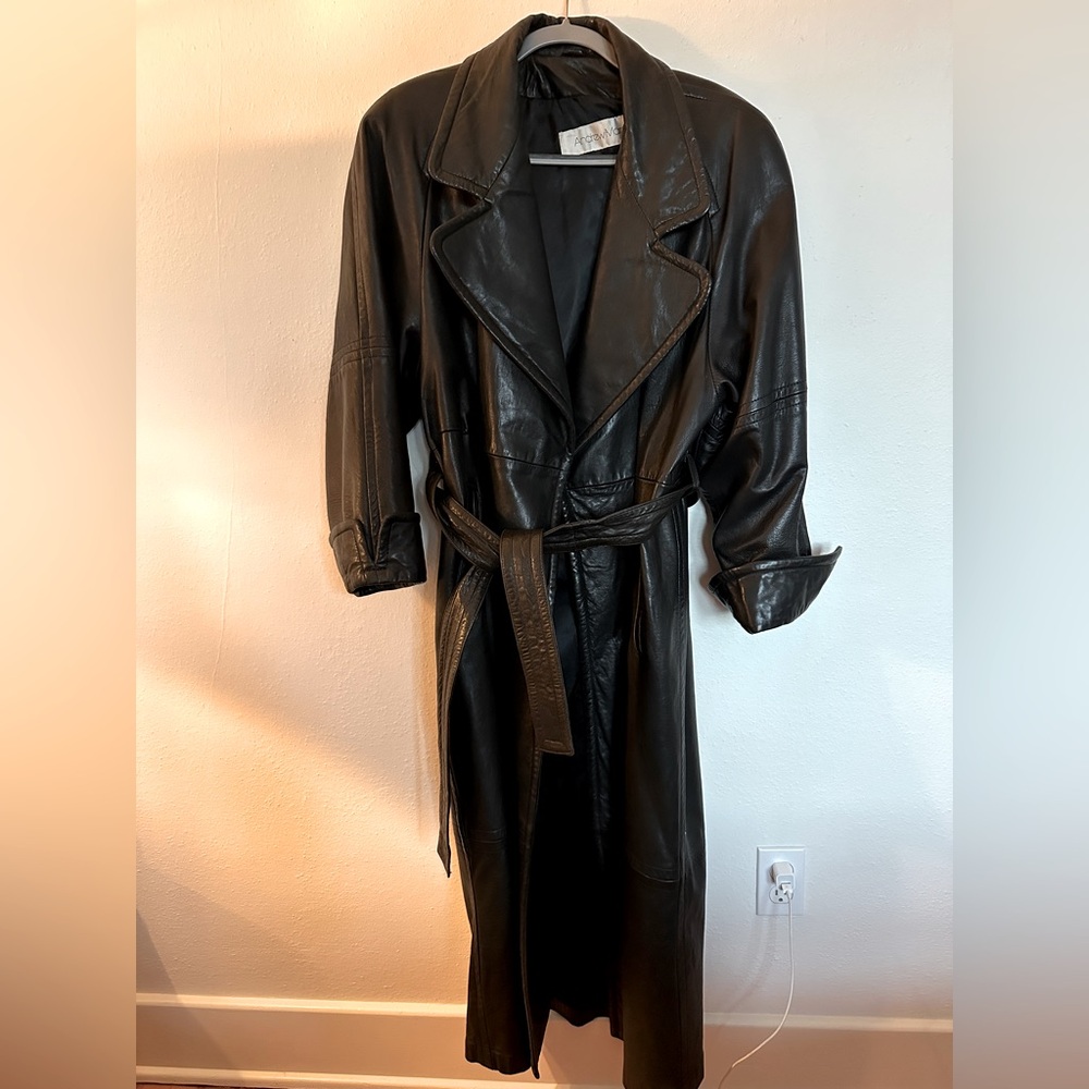 Vintage Long Black 100% Leather Trench